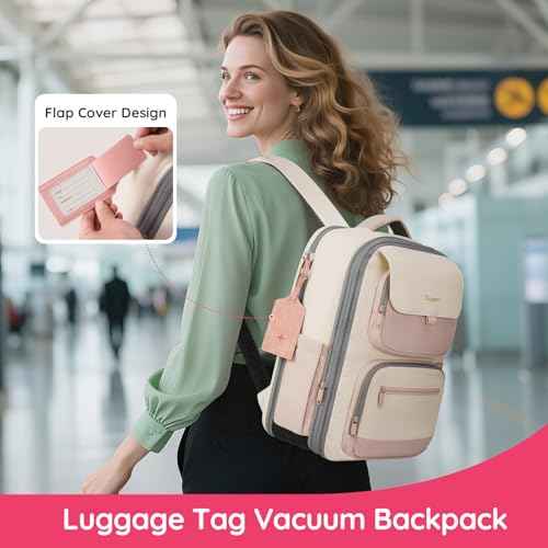 Vacuum Seal Backpack Travel, Expandable Vacuum Seal Carry on Backpack with Hand Pump & Luggage Tag, 17'' laptop Compression Backpacks with RFID Pocket, Personal Item Compression Back Back Travel,Pink