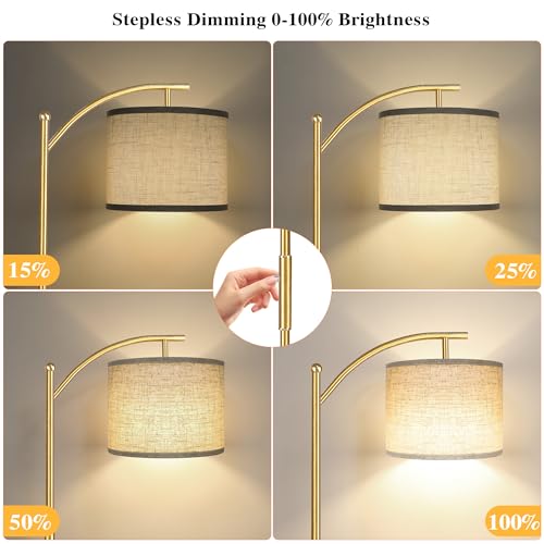 Dimmable Floor Lamp, Arc Floor Lamps for Living Room, Stepless Dimming Modern Standing Lamp with Linen Shade, Tall Lamp for Bedroom Office Dining Room- Brushed Gold