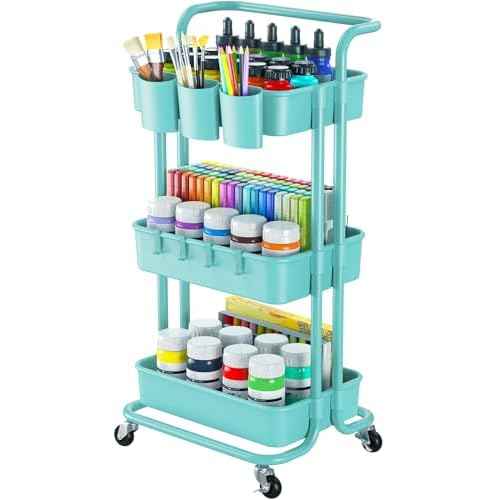 Pipishell 3 Tier Rolling Cart with Wheels - Rolling Storage Cart with 3 Hanging Cups & 4 Hooks - Art & Craft Carts Organizer for Office, Kitchen, Craft Room, Bedroom, Laundry Room (Turquoise)