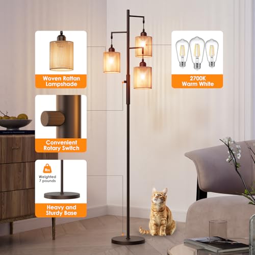 Hotsonic 72" Tall Boho Floor Lamp, Dimmable Standing Lamp with Handcrafted Rattan Shade, Industrial Tree Floor Lamps for Living Room, Bedroom, Study Room, Office (3 x 800LM LED Bulbs Included) - Brown