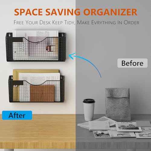 MFTEK Magnetic File Holder, 2 Pockets Magnetic File Folder Holder No Drilling Magnet Paper Mail Organizer Magazine Basket, Hanging Wall Storage Rack for Fridge Cabinets Office Classroom