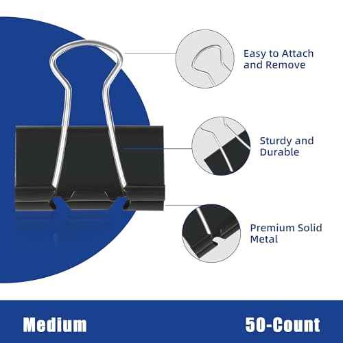 50Pcs Binder Clips Medium, Standard Medium Clips 1-1/4 Inch, Paper Clamps Clips for Office Supplies, Black, Paper Clamps for Document Clamp, File, Wide Metallic, School and Home Supplies