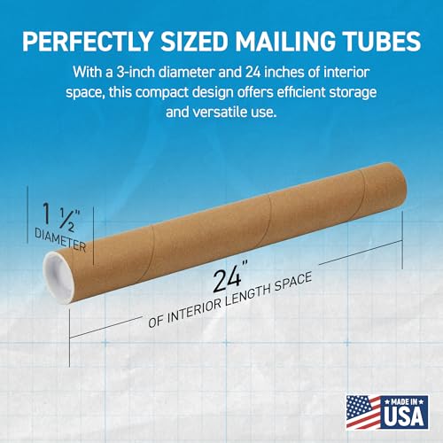 6 Pack Kraft Mailing Tubes 24 Inch with End Caps - Shipping & Art Storage