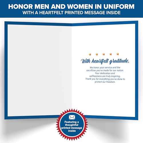 Decorably Gold-Foiled 5x7in Handmade Individual Thank You for Your Service Cards For Veterans with Wooden Letters on Die-Cut Badge, Military Retirement Card with Envelopes, Stickers & Printed Message