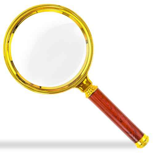 10x Handheld Magnifier, Reading Magnifier for Children Elderly for Hobbies and Science, 80mm Plastic Gold Plated Frame Electroplated Faux Wood Grain Handle