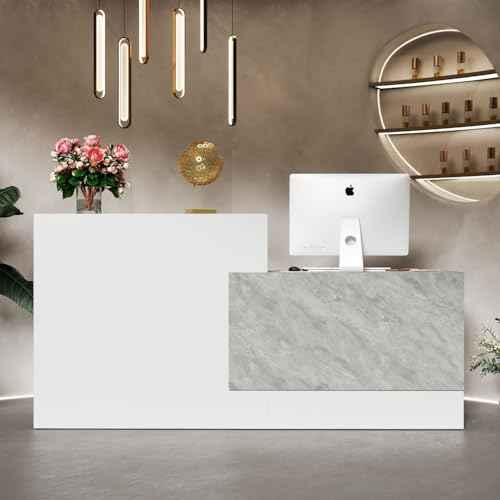 FAMAPY Reception Desk with Shelves, Modern Reception Table with Storage, Front Counter Checkout Table Retail Counter for Lobby Shop, White and Grey, 23.6¡±D x 86.6¡±W x 43.3¡±H