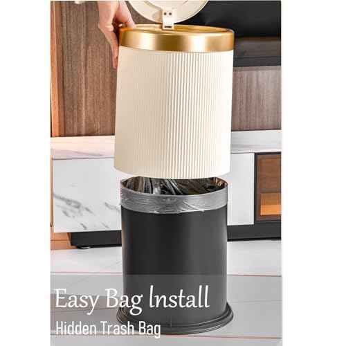 Yatmung Bathroom Trash Can with Lid - Decorative Trash Bin (Faux Plant) - Small Bathroom Garbage Can - Bedroom, Living Room, Entryways - Plastic Hidden Waste Basket - 2.6 Gal, Cream with Gold Edge