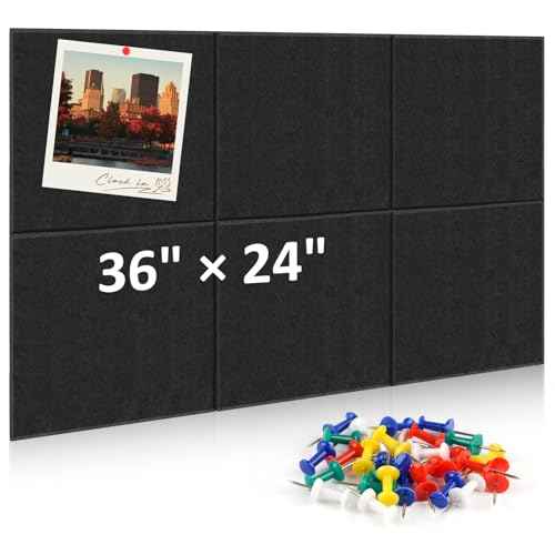 Bulletin Board, 36"¡¿24" Felt Wall Tiles, 6 Pack Cork Boards for Office, Large Black Corkboard for Office Home (with 30 Pcs Push Pins) (Black)