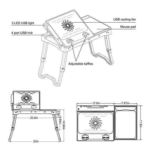 Laptop Table for Bed, Adjustable Laptop Bed Desk with Fan, 4 USB Ports, Portable Lap Desk with Foldable Legs, Laptops Stand for Couch Sofa Bed Tray with LED Light, Storage, Mouse Pad - White