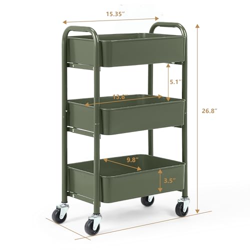 SunnyPoint 3-Tier Delicate Compact Rolling Metal Storage Organizer - Mobile Utility Cart Kitchen/Under Desk Cart with Caster Wheels - Army (15.35" X 10.24" X 26.8"H)