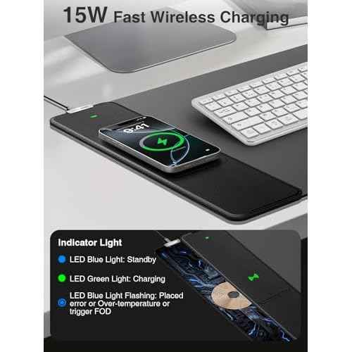 Wireless Charging Mouse Pad, Gaming Mouse Pad, 31.5"x15.8" Large Desk Mat for Laptop/Keyboard, Waterproof Smooth Surface, Non-Slip Base, Black