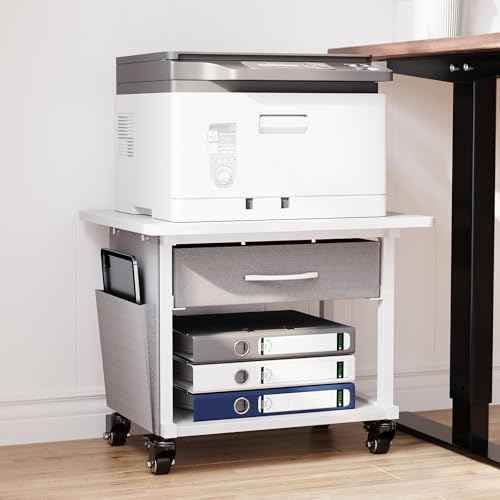 2 Tier Printer Stand with Storage Drawer - Under Desk Rolling Printer Cart for Home Office, Small Printer Table with Industrial Locking Wheels fit Fax Machine/Scanner (White)
