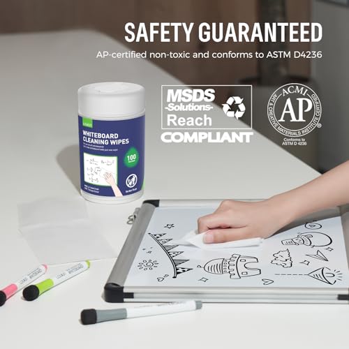 loukin 100 Pack Whiteboard Cleaning Wipes, Dry Erase Surface Cleaner, Non-Toxic & Moist to Use