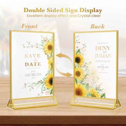 Acrylic Gold Sign Holders 5x7, 12 Pack Wedding Gold Table Number Holders, Double Sided Photo Display Picture Frame Paper Stand, Clear Flyer Stand Menu Holder for Wedding, Home, Party, Restaurant