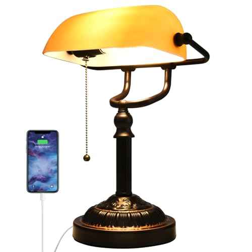Rustic Banker's Desk Lamp Pull Chain, Traditional Bankers Desk Lamp with USB Port, Vintage Farmhouse Table Lamp for Home Office Library