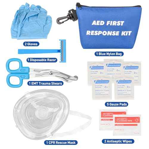 AED First Responder Kit with CPR Rescue Mask, Disposable Razor, EMT Trauma Shears, Gloves, Gauze Pads, Antiseptic Wipes for AED Training, CPR AED First Aid Accessory Kit with Blue Nylon Bag