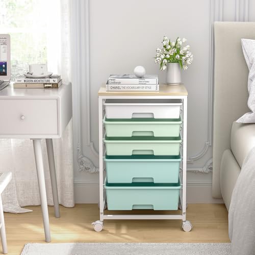 SYKIARIOL Light Green 5-Drawer Rolling Storage Cart with Wooden Top