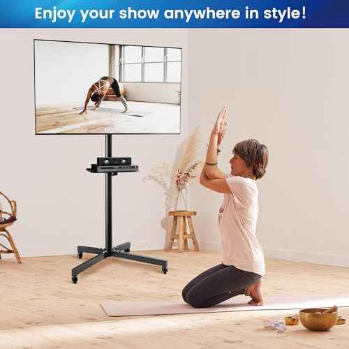 Rolling TV Stand for 26-55 Inch LCD LED Flat/Curved Panel Screen TVs, Portable TV Stand with Wheels & Media Shelf. Angle Adjustable TV Cart with Lockable Wheels, Max VESA 400x400mm