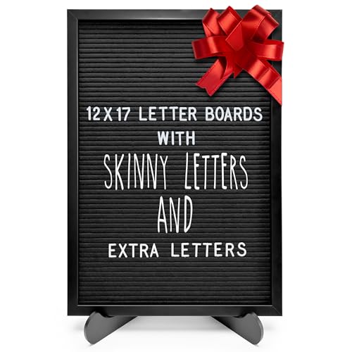 12x17 Inch Black Felt Letter Board Sign with White Skinny Pre-Cut Letters and Frame - Includes Wall Hooks & Stand