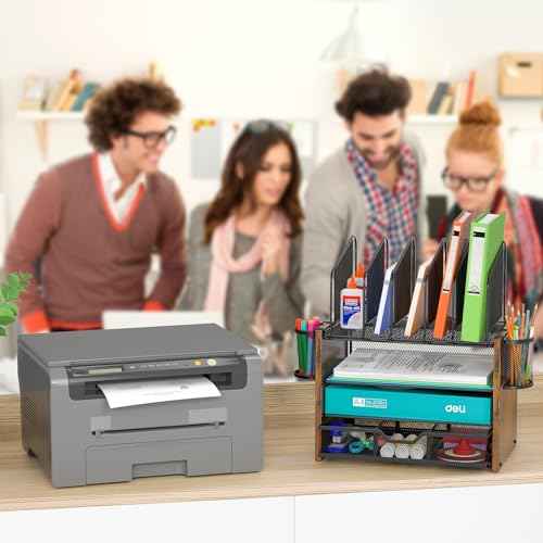 4-Tier Mesh Desk Organizer, Wooden Desk File Organizer with 5 Vertical File Holders and 2 Pen Holders, Desktop Organizers and Accessories with Drawer for Home Office