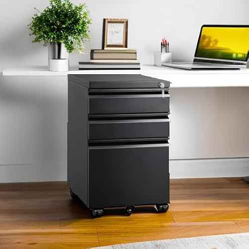 DEVAISE 3 Drawer Mobile File Cabinet with Lock, Under Desk Metal Filing Cabinet for Home Office/Legal/Letter/A4 File, Fully Assembled Except Wheels, Black