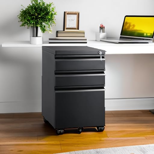 DEVAISE Black 3-Drawer Mobile File Cabinet with Lock - 17"D x 15"W x 24"H, Under Desk Office Storage