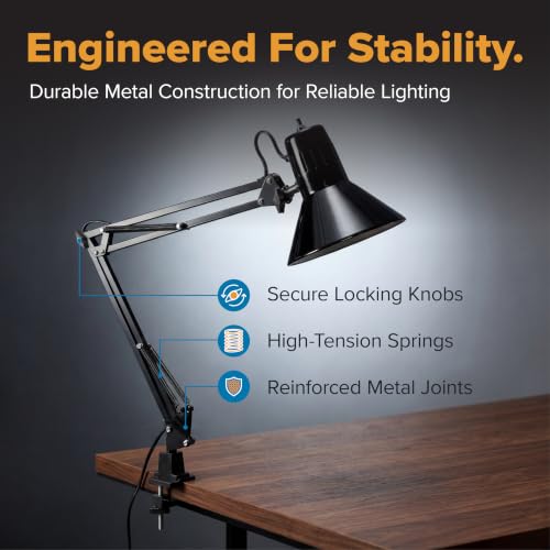 Bostitch 36-Inch Reach LED Swing Arm Desk Lamp with Clamp Mount, Black