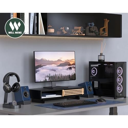 Monitor Stand Riser with Sliding Door, Computer Laptop Stand Desk Shelf Organizer with Storage (Black + Natural Bamboo, 25 Inch)