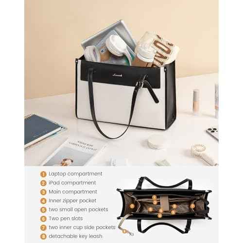 LOVEVOOK Laptop Tote Bag For Women 17.3 Inch Stylish Leather Work Tote Bag Purse Large Capacity And Waterproof Computer Briefcase For Business Office Travel, White-Black