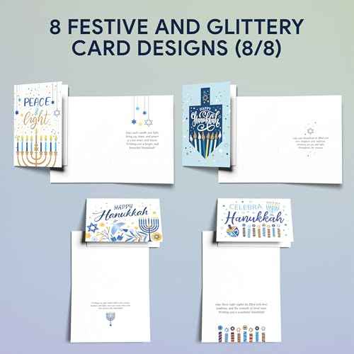 Decorably 16 Pack Gold-Foiled and Glittery 5x7in Happy Hanukkah Cards with Envelopes and Stickers - 8 Elegant Designs Assorted Hanukkah Card with Printed Message Inside