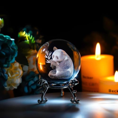 ZEERSHEE Panda Crystal Ball with Stand - 2.3 Inch 3D Laser Engraved Glass Decor