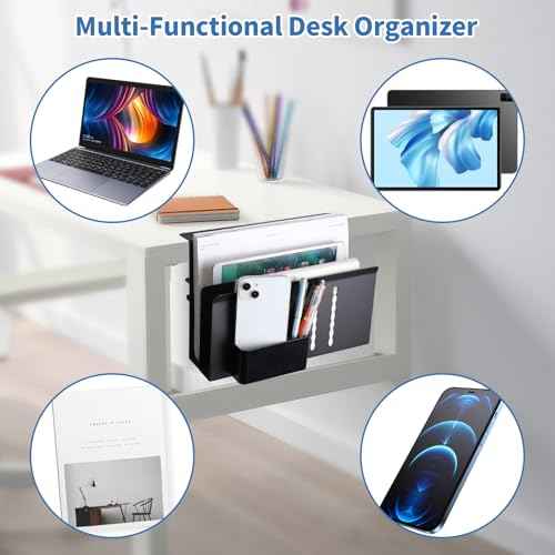 2 Tier Desk side storage, Desk Laptop Holder with Magnetic Pen Holder, No Drill Hanging Table Organizer for Office and Home Fits Flat Edge 0.3" to 2.3"
