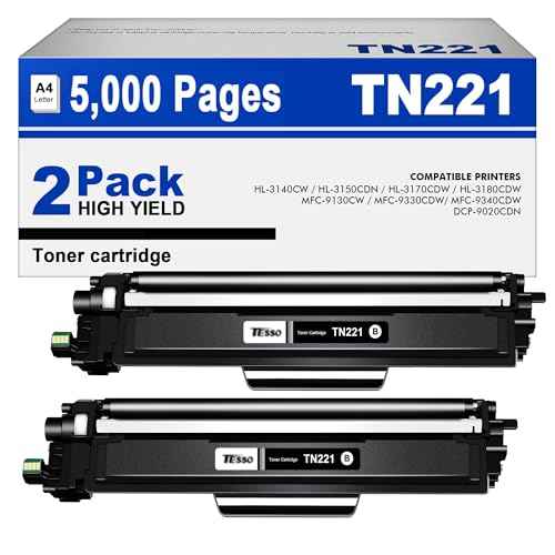 TN221 Toner Cartridge 2 Black: TN221BK Compatible Replacement for Brother TN-221 TN225 TToner Cartridges to Work with Brother HL-3170CDW MFC-9130CW MFC-9340CDW HL-3180CDW MFC-9330CDW HL-3140CW Printer