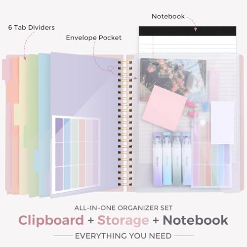 SKYDUE Pink Clipboard Folio with 6 Dividers, Refillable Notepad & Pouch Storage