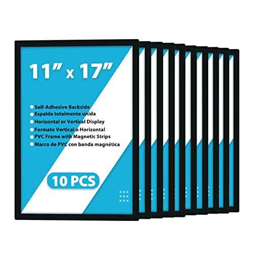 10Pcs Magnetic Poster Holder Self-adhesive Back,11"x17" Magnetic Framed Sign Holder,Plastic Window Wall Poster Display Frames for Office,Store,School(10Pcs,Black)