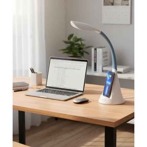 LED Desk Lamp with Wireless Charger, Modern Eye-Caring Dimmable Light for Home Office & College Dorm with 3 Color Modes, 5 Brightness, Touch Control, Adjustable Gooseneck, RGB & Night Light, White