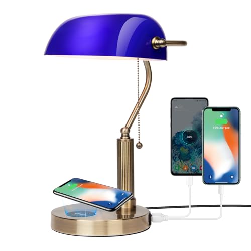 FIRVRE Bankers Lamp with2 USB and Wireless Charging Port£¬Pull Chain Switch Blue Glass Desk Lamp£¬ E26 Base,Traditional Library Desk Lamps for Home Office,Bedroom,Piano