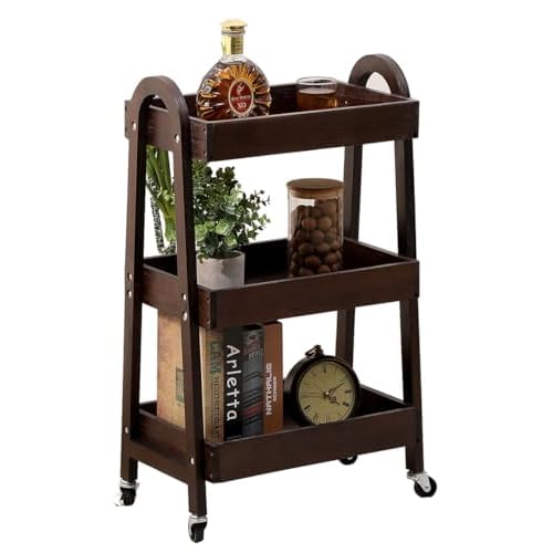 3-Tier Wooden Rolling Cart- Wooden Utility Cart wit Wheels- Utility Rolling Cart-Storage Trolley Organizer- Rolling Kitchen Cart Serving Cart for Office,Kitchen, Kids' Room (Walnut Color)