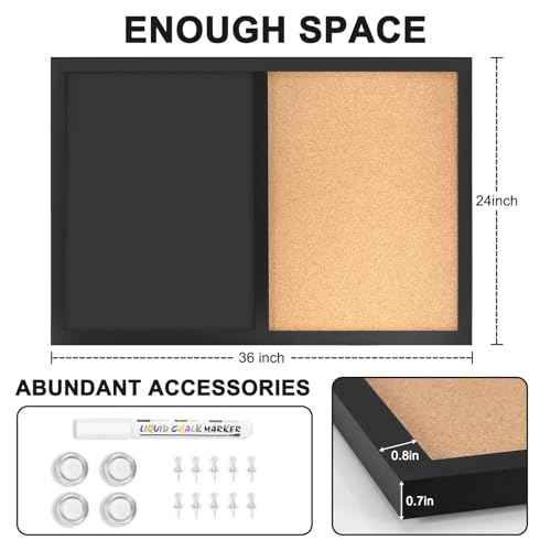 4 THOUGHT Chalkboard Corkboard Combo, 24" x 36" Bulletin Cork Board Magnetic Chalk Board for Wall Combination Board Black Frame Double Use Black Board Cork Board 1 Marker 4 Magnets 10 pins