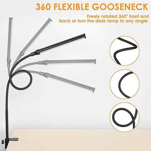 ShineTech LED Desk lamp with Clamp, Eye-Caring Clip Lights for Home Office, 3 Colors Full Brightness, Flexible Gooseneck USB Adapter Table Lamp, Black