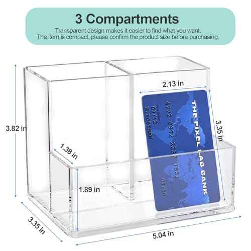 Clear Pen Holder for Desk, Small Acrylic Pencil Holder, Compact Makeup Brush Holder Organizer for Vanity, Pen Pencil Organizer Cup, Office Desk Organizer and Accessories, 3 Compartment Design