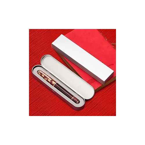 Hongdian N8 Red Acrylic Fountain Pen, Long Blade Fine Nib Rose Gold Trim Maple Leaves Carving Cap, Smooth Writing Pen with Converter and Metal Pen Box Set