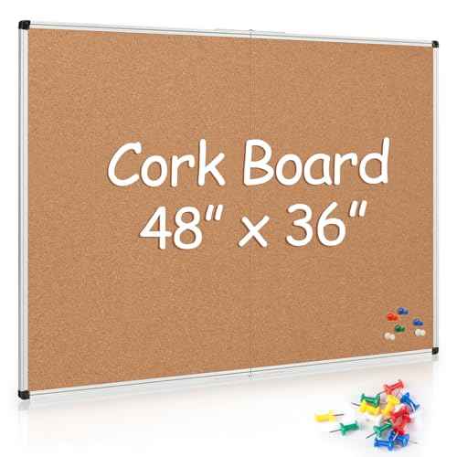 Board2by Cork Board Bulletin Board 36 x 48, Silver Aluminium Framed 4x3 Corkboard, Foldable Office Board for Wall, Large Wall Mounted Notice Pin Board with 36 Push Pins for School, Home & Office