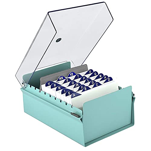 Acrimet 4 x 6 Card File Holder Organizer Box Metal Base Heavy Duty (AZ Index Cards and Divider Included) (Green Color with Clear Crystal Plastic Lid Cover)
