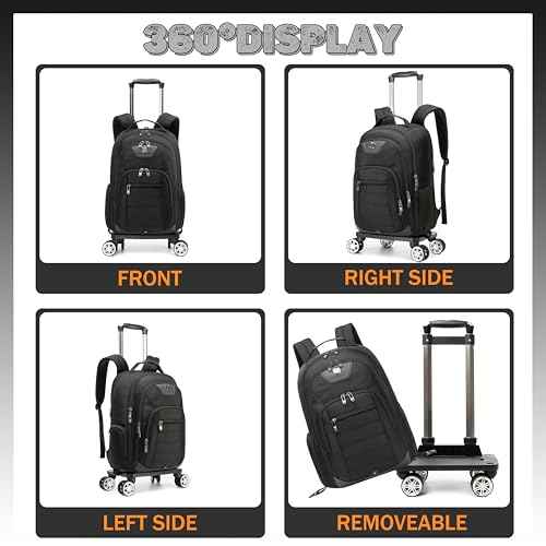 Rolling Laptop Backpack for Men Carry on Luggage Roller Backpack with Wheels Removable Wheels and Trolley Black Wheeled Backpacks for Travel Airline Approved