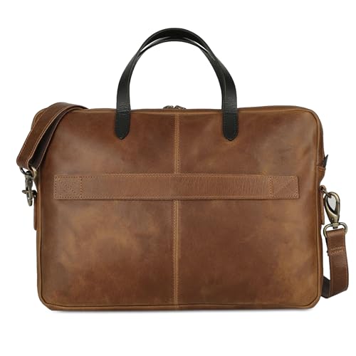 KomalC 15.5 Inch Leather Laptop Sleeve with Trolley Strap ? Slim Genuine Leather Bag for 13", 14", 14.5" Laptops ? Office Briefcase with Shoulder Strap & Organizer