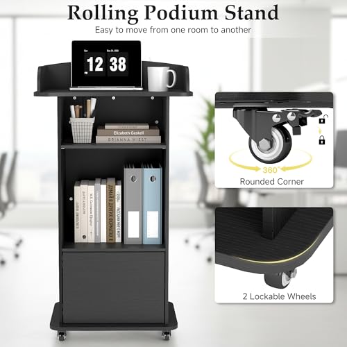 Suuiwau Portable Podium Stand with 4 Wheels, Black – Mobile Lectern with 2 Shelves, Cabinet & Desk for Church, Classroom, Restaurant, Office