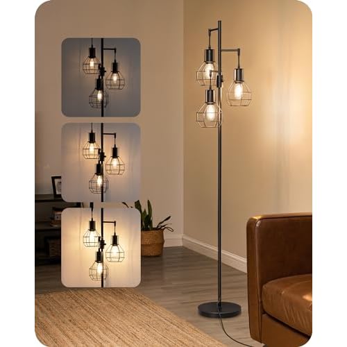 EDISHINE Dimmable Farmhouse Floor Lamp, Industrial Standing Lamp for Living Room, 3 LED Edison Bulbs Included, Black Corner Rustic Tall Tree Reading Lamps Home Decor for Bedroom, Office