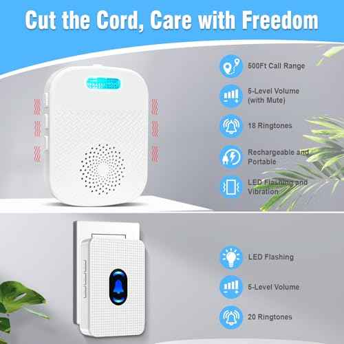 Daytech Wireless Caregiver Pager for Elderly Monitor/Seniors/Patient/Disabled at Home Nurse Alert System 300+ Feet 2 Portable/Vibration Receiver & 1 Call Button & 1 Alert Watch