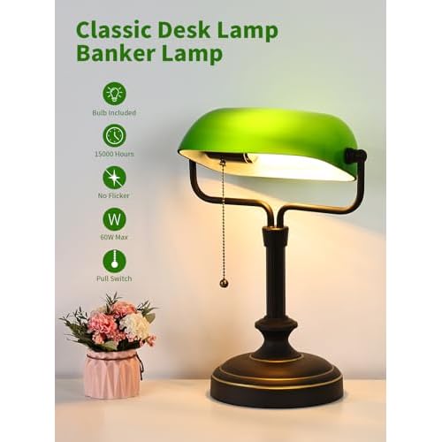 Traditional Banker's Desk Lamp with Glass Shade,Pull Chain Switch, LED Bulb Included (Antique Black+Green)